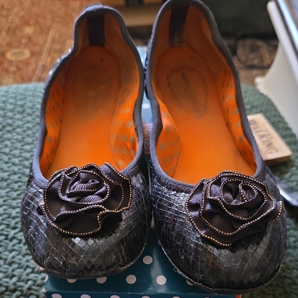 Lindsay Phillips Black Textured Flats with Floral Accent